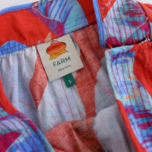 Farm Rio Red & Blue Floral Palm Tree 55% Linen Pull On High Waisted Shorts S - Picture 10 of 11